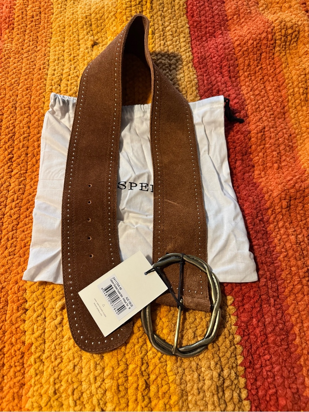 Spell Cabana Studded Suede Brown Belt with Brass-Tone Circular Buckle